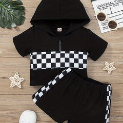 2pcs Girls Plaid Hooded T Shirts Zipper Tees Top & Shorts Set