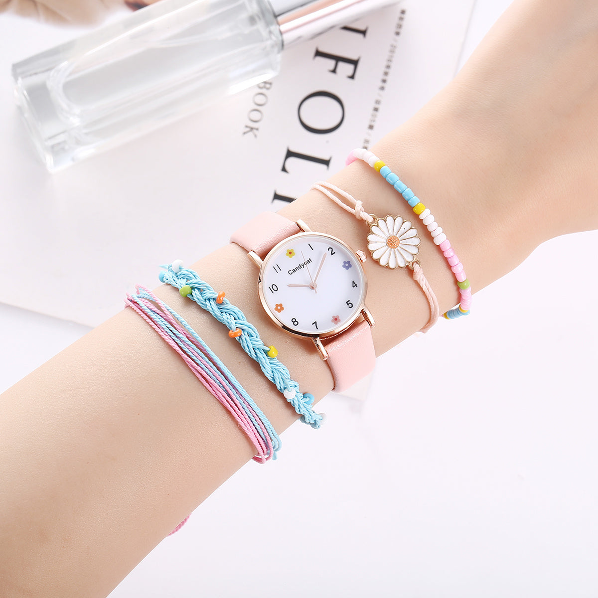 Girls Flower Quartz Watch Daisy Bracelet Set