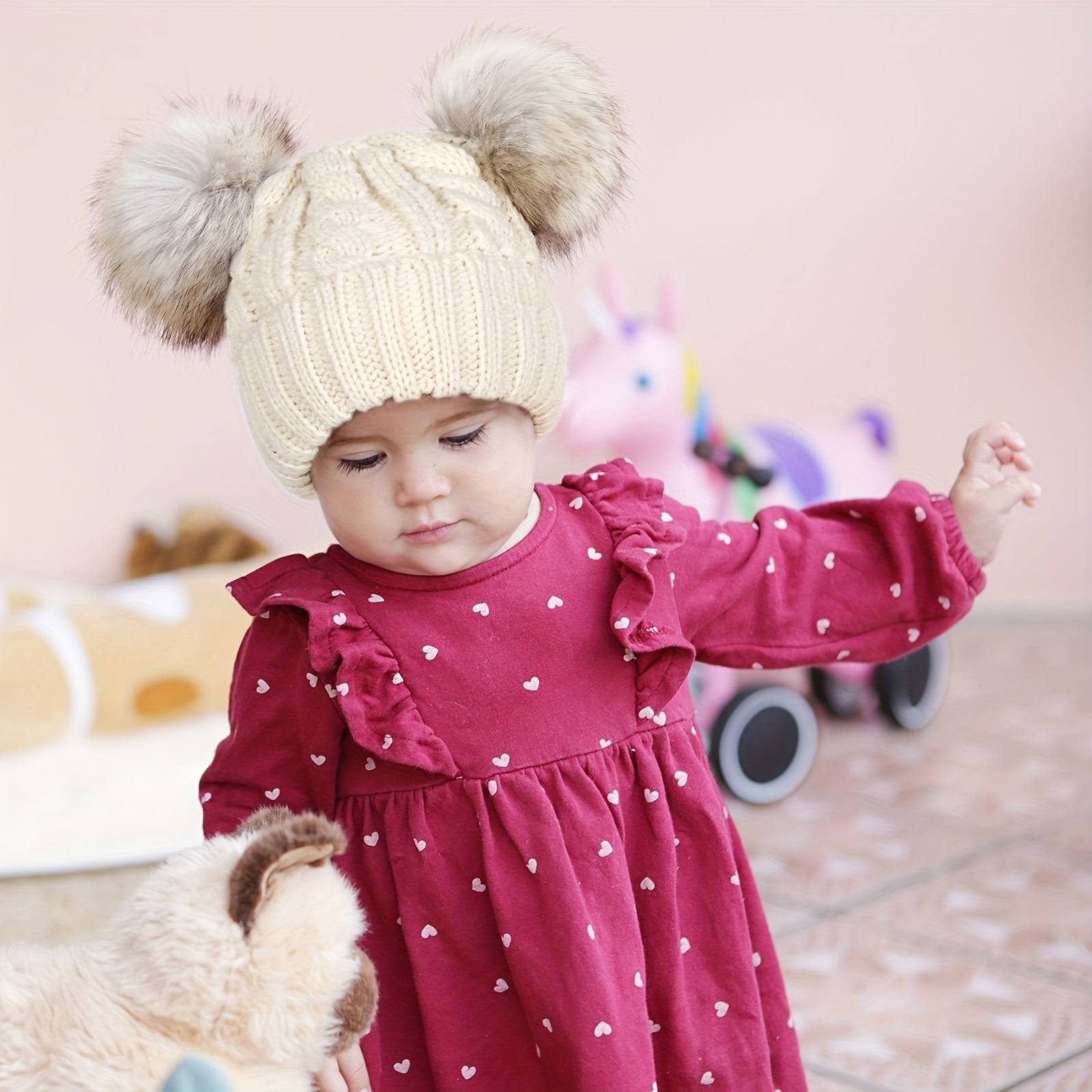 Toddler Winter Faux Fur Pom Beanie Hat For Kids