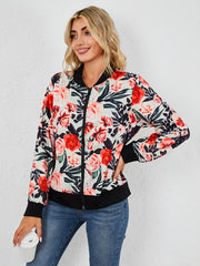 Vintage Floral Print Zipper Jacket Casual Long Sleeve Loose Outerwear