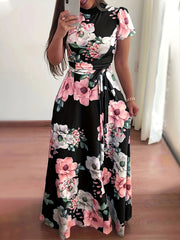 Vintage Floral Maxi Dress High Waist Short Sleeve