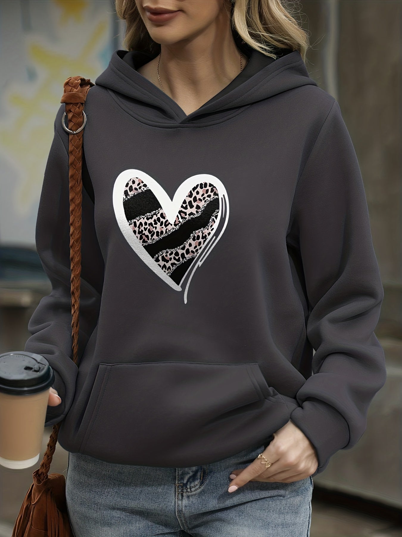 Heart Print Kangaroo Pocket Hoodie Long Sleeve Hoodies