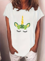 Unicorn & Shamrock Print T-shirt Crew Neck Graphic Tee Women's Clothing