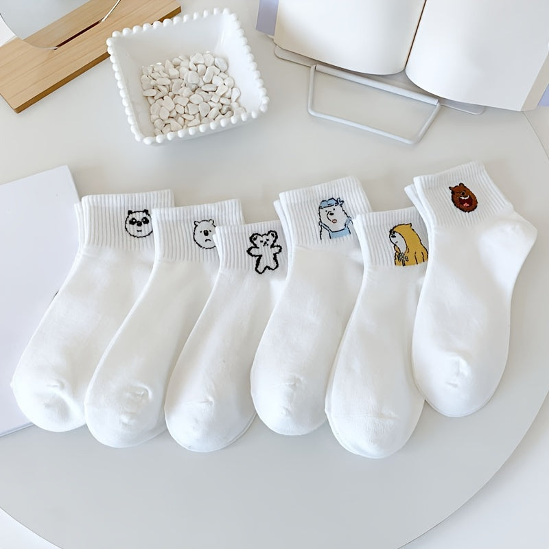 6 Pairs Cartoon Bear Print & Comfy Crew Short Socks Women's Stockings