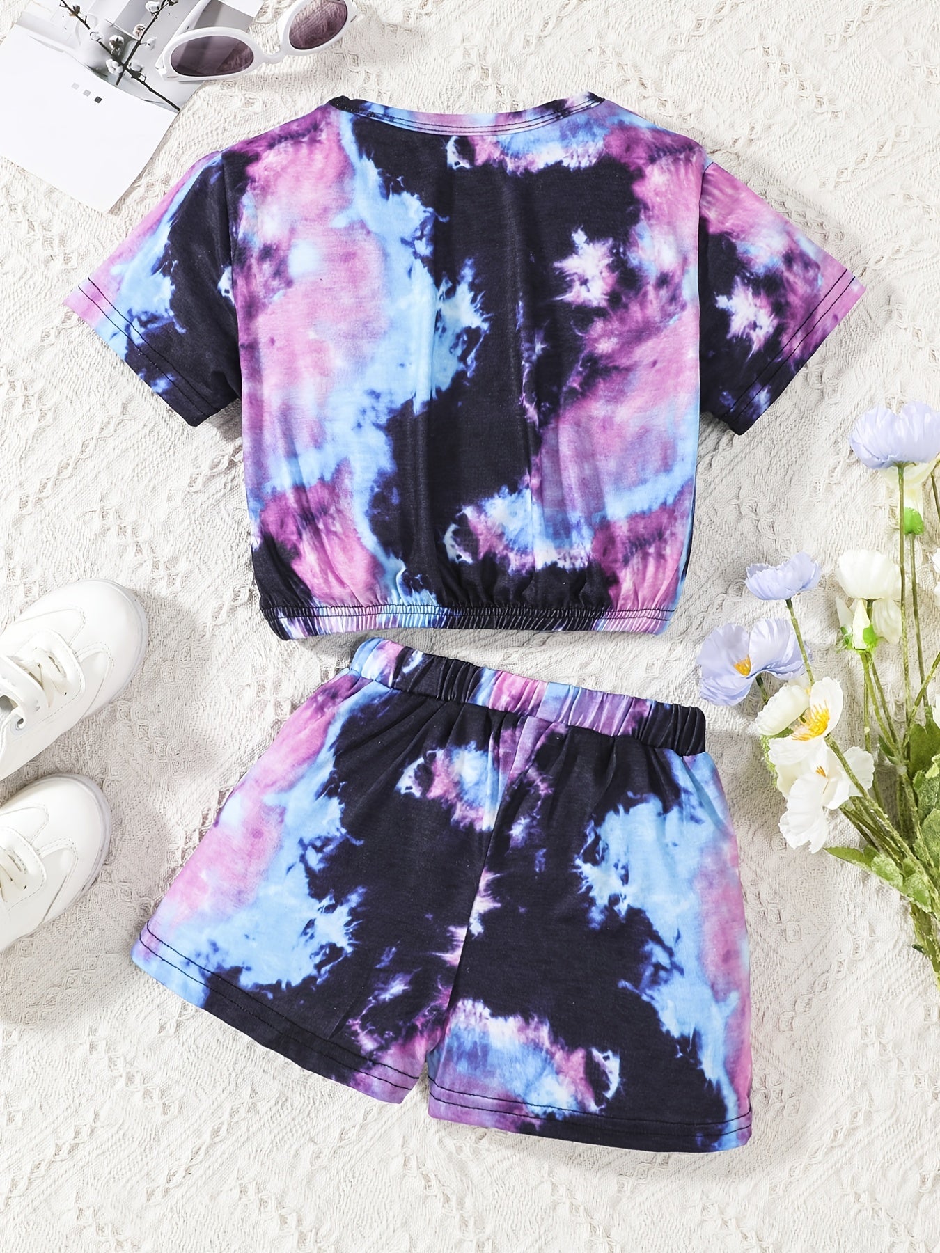 2pcs Girls Tie Dye T Shirt Crop Tee Top & Shorts Set Kids Clothes