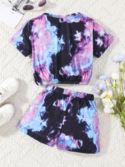 2pcs Girls Tie Dye T Shirt Crop Tee Top & Shorts Set Kids Clothes