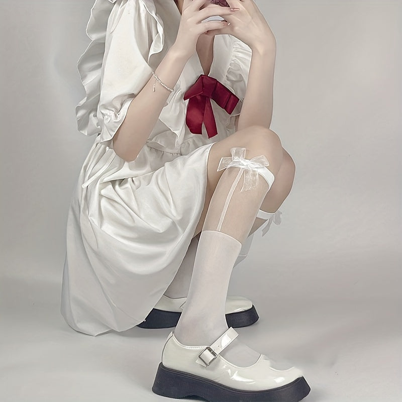 Mesh Stitching Calf Socks Ultra thin Bow Knee High Socks Women's Stockings