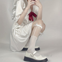 Mesh Stitching Calf Socks Ultra thin Bow Knee High Socks Women's Stockings