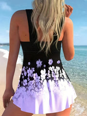 Floral Print Tankini Set V Neck Dress & Panty Swimsuit