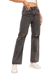 Grey Ripped Straight Jeans Distressed Slash Pockets Loose Fit Denim Pants