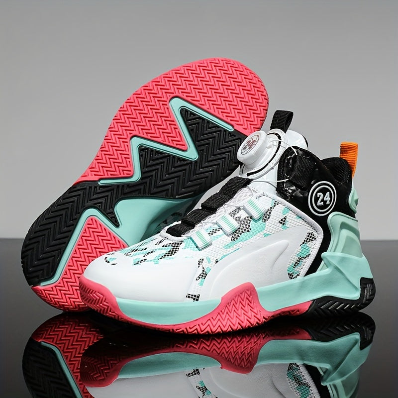 Boy's High Top Basketball Shoes Rotating Buckle Non Slip Sneakers