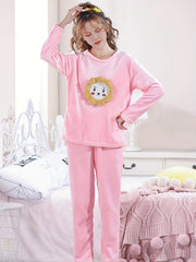 Girl's Flannel Pajamas Set Cartoon Graphic Top & Pants