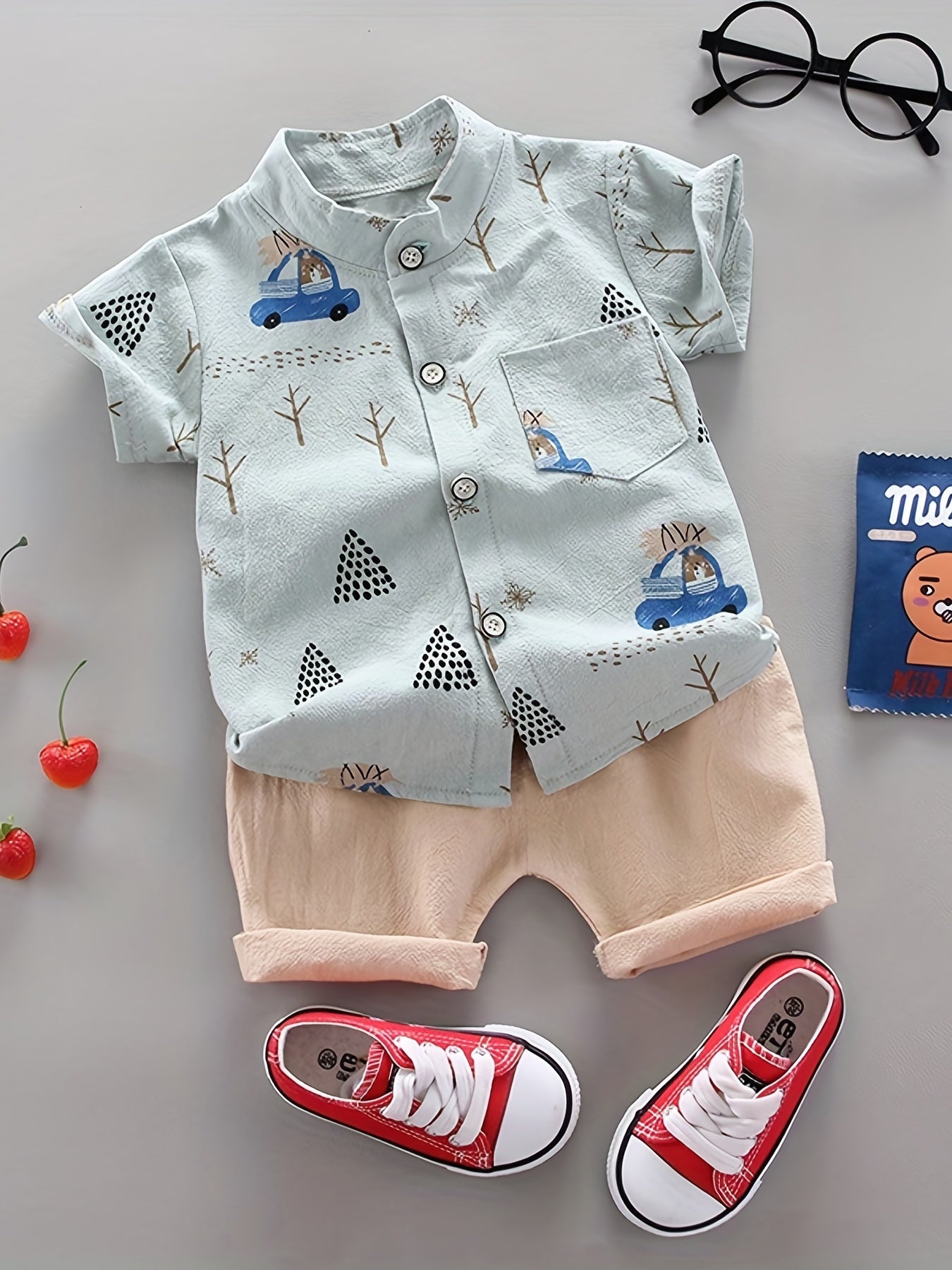 Boys 2pcs Cartoon Print Shirt & Shorts Set
