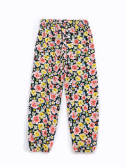Flower Print Ruffle Trim Lantern Pants High Waist