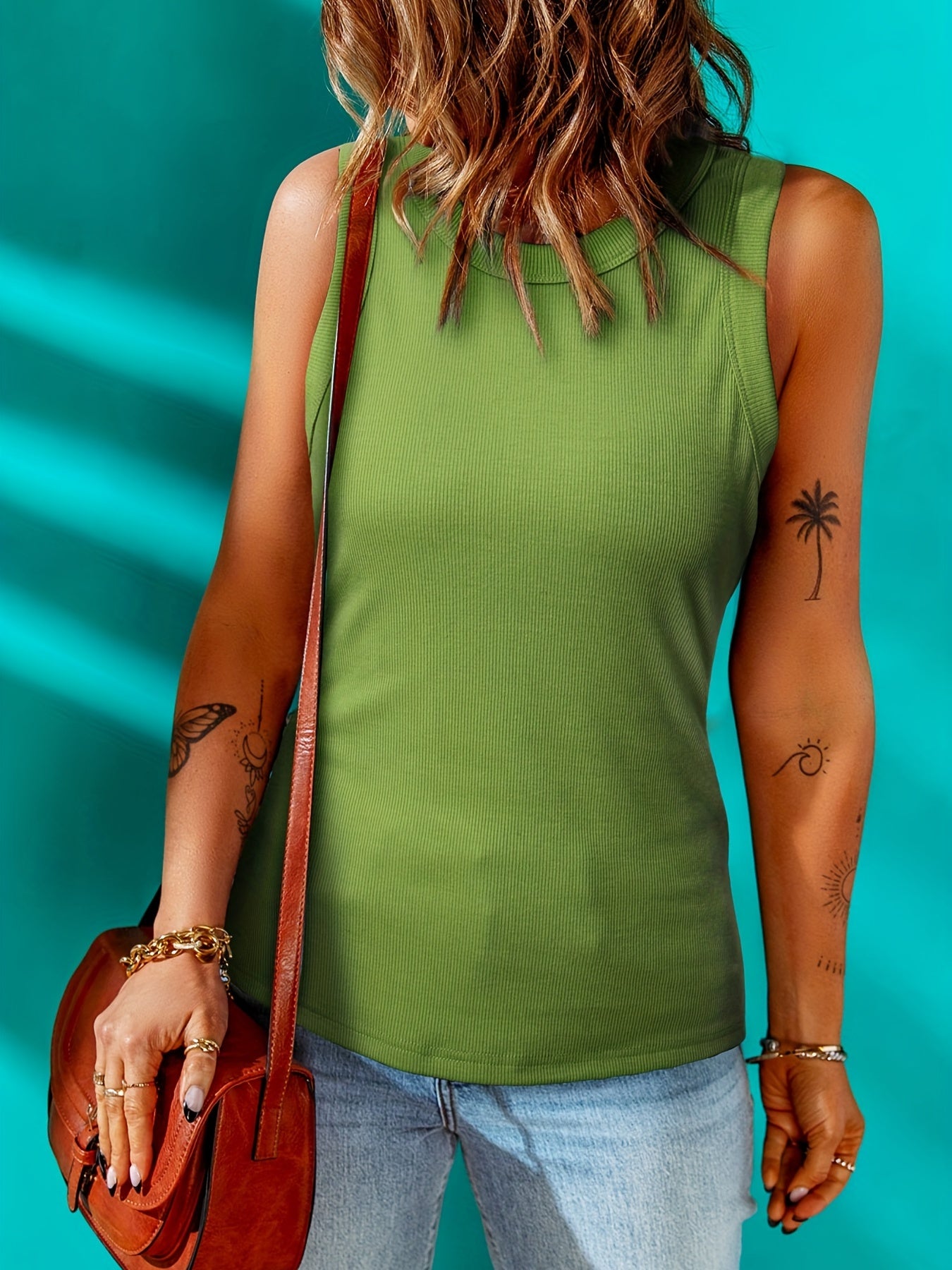Women's Ribbed Tank Top Solid Round Neck