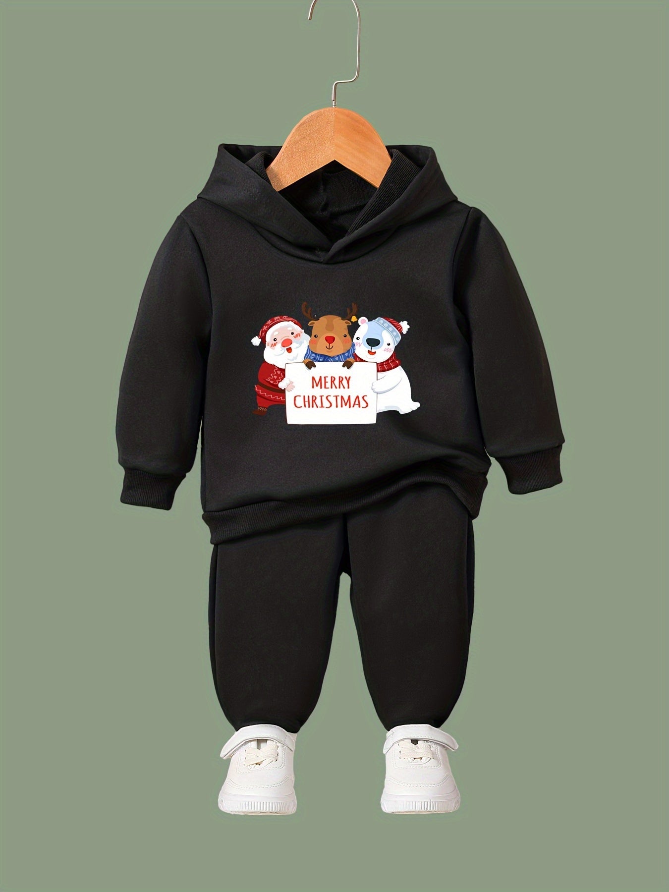 Girls 2pc Santa Bear Deer Hooded Sweatshirt Solid Sweatpants Set