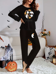 Ghost Print Lounge Set Long Sleeve Top & Pants Women's Loungewear
