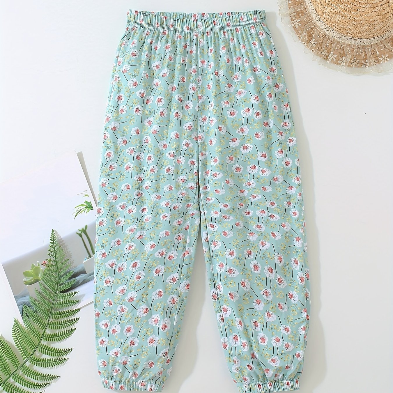 Girls Casual Flowers Graphic Cotton Jogger Trousers for Summer