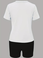 Letter Print Matching Two piece Set Casual Short Sleeve T shirt & Biker Shorts