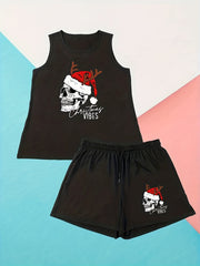 Halloween Lounge Set Christmas Hat Skull Print Tank Top & Shorts Pajam