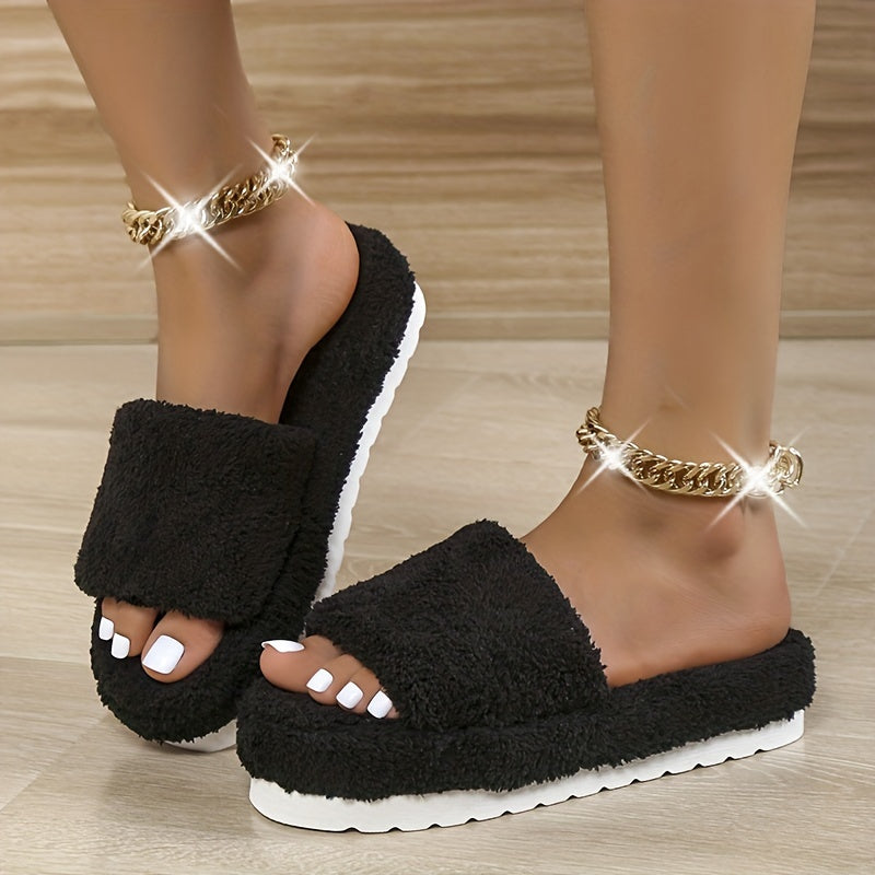 Women's Plush Winter House Slippers Open Toe Fluffy Platform Slides