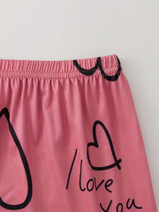 Letter & Heart Print Pajamas Set Short Sleeve Crew Neck Top & Shorts