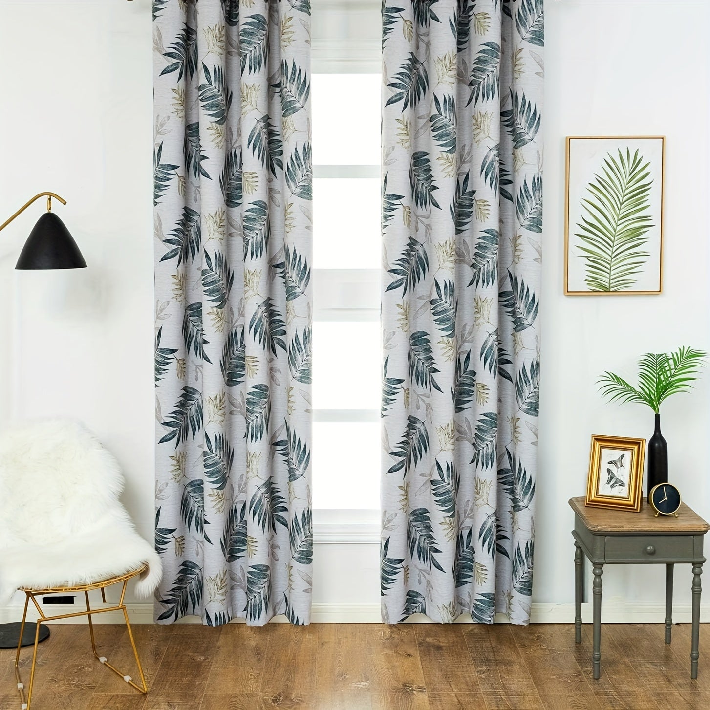 Leaf Printed Blackout Curtain Set with Pleat Hooks