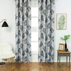 Leaf Printed Blackout Curtain Set with Pleat Hooks