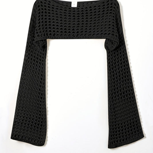 Y2K Crochet Cropped Knit Sweater Crew Neck Flared Sleeve
