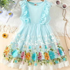 Toddler Girls Sleeveless Ruffle Trim Floral Embroidery Mesh Princess Dress