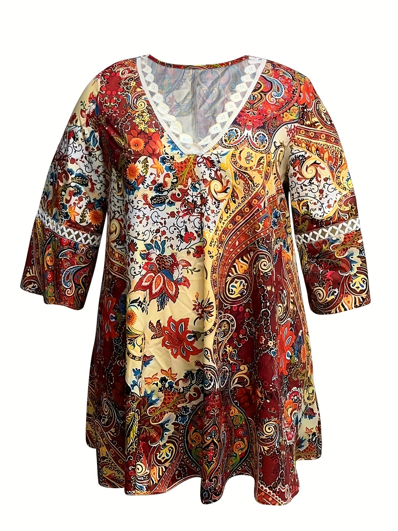 Boho Dress Floral & Paisley Print Lace Sleeve Mini Dress