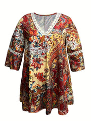 Boho Dress Floral & Paisley Print Lace Sleeve Mini Dress