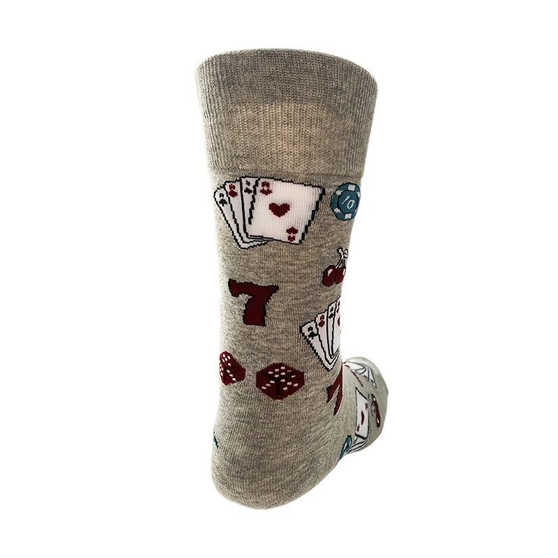 Men's Mid calf Cotton Socks Poker Pattern Gray Sports And Leisure Socks