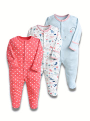3pcs Baby Girl's Cotton Footed Rompers Pajamas Set With Dinosaur Print