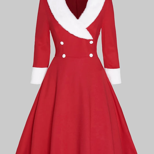 Retro Dress Women's Plus Colorblock Fleece Button Decor Long Sleeve