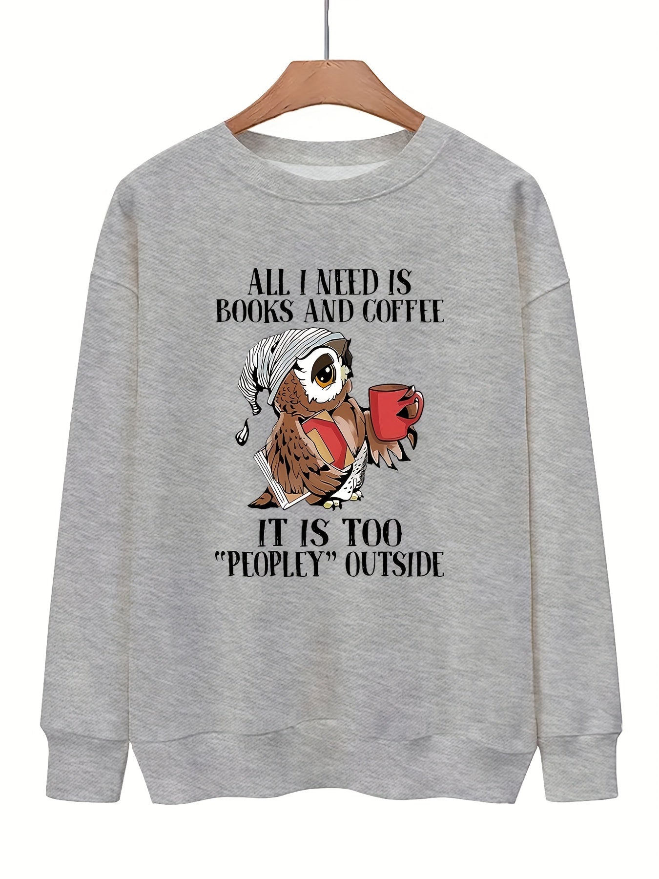 Owl & Letter Print Pullover Sweatshirt Casual Loose Long Sleeve Sweatshirt