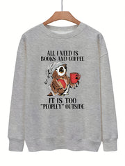 Owl & Letter Print Pullover Sweatshirt Casual Loose Long Sleeve Sweatshirt