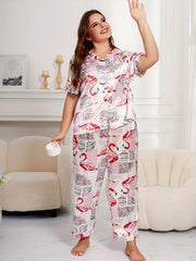 Flamingo & Leaf Print Satin Pajamas Set