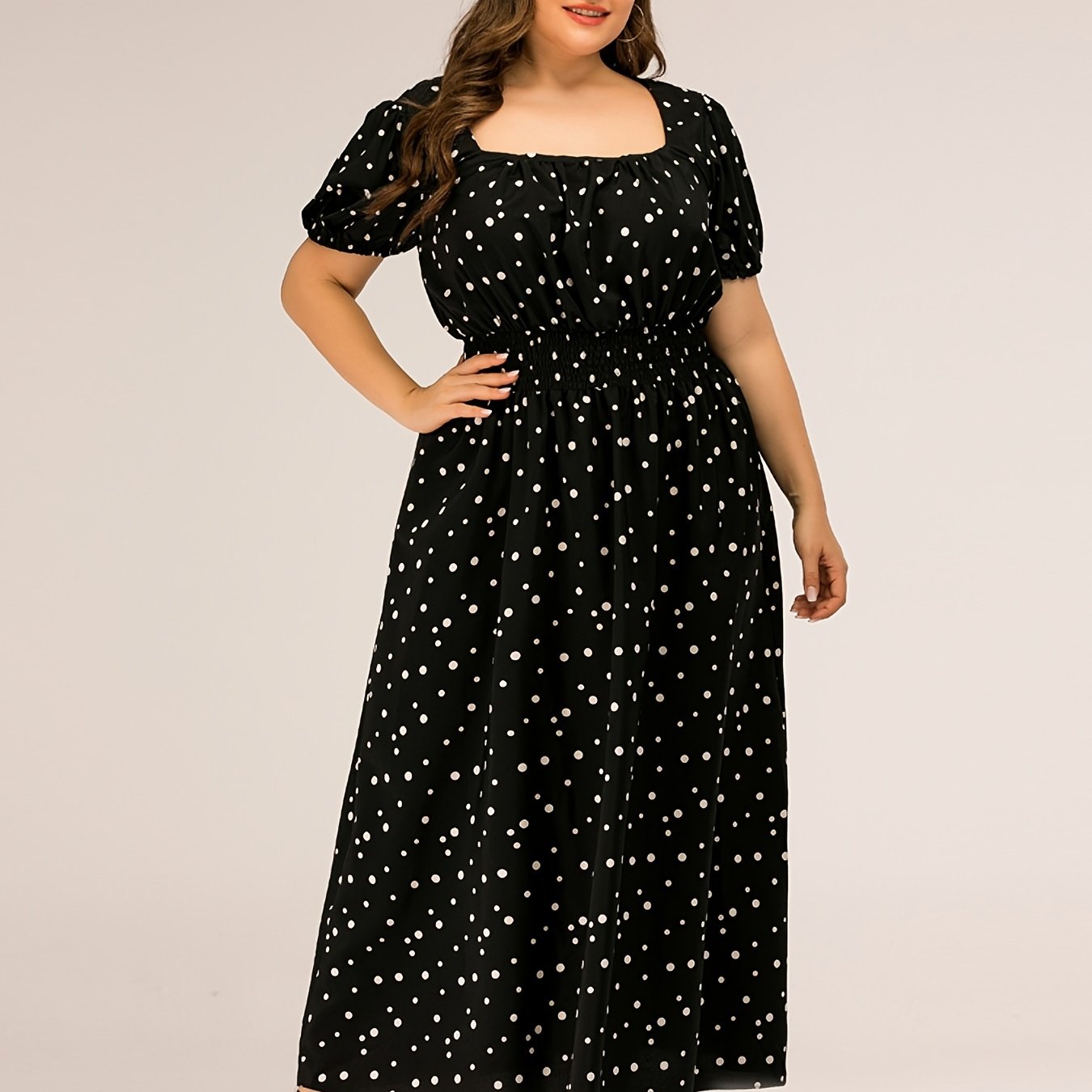 Polka Dot Square Neck Puff Sleeve Maxi Dress - Plus Size
