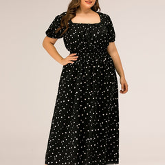 Polka Dot Square Neck Puff Sleeve Maxi Dress - Plus Size