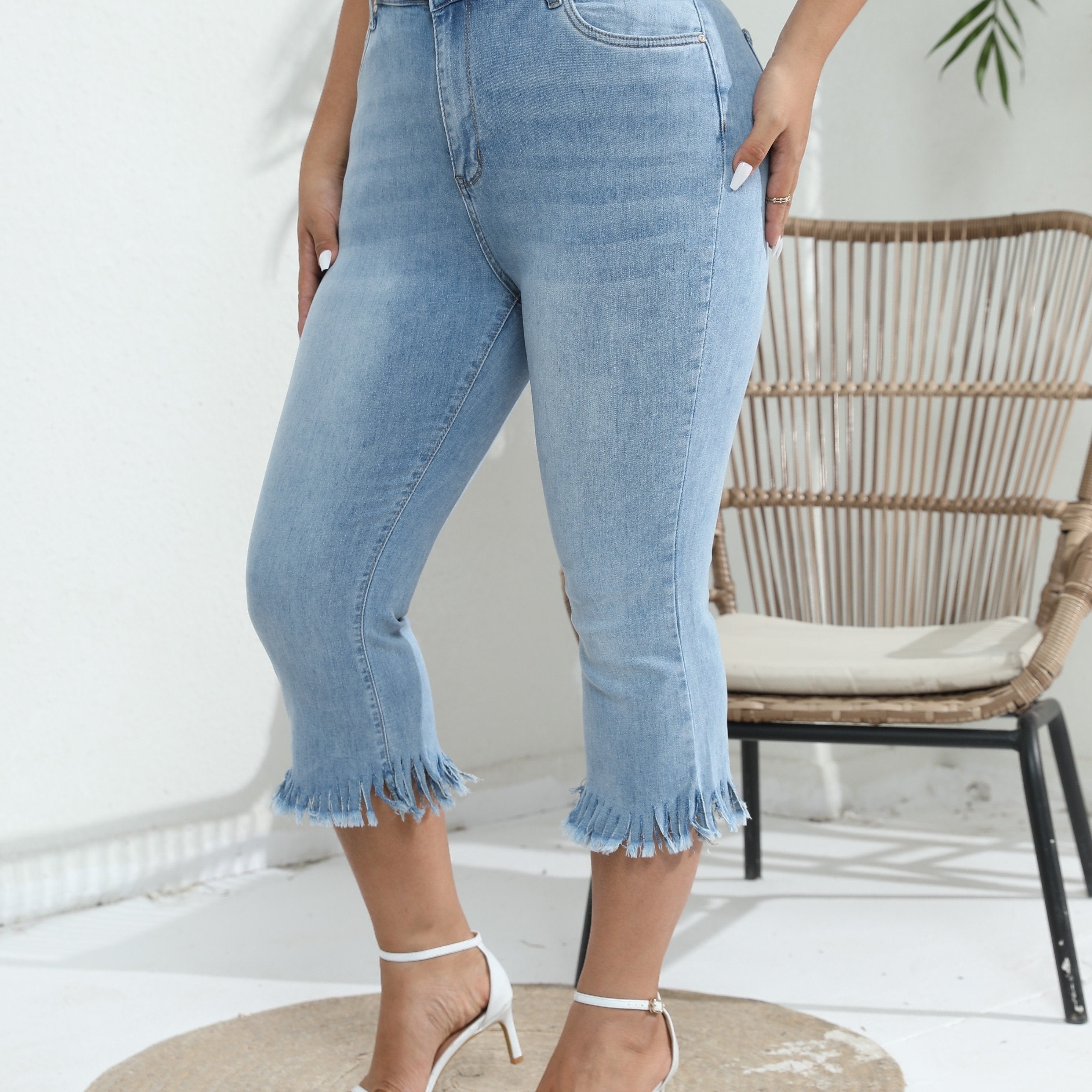 Solid Fringe Trim High Stretch Cropped Jeans