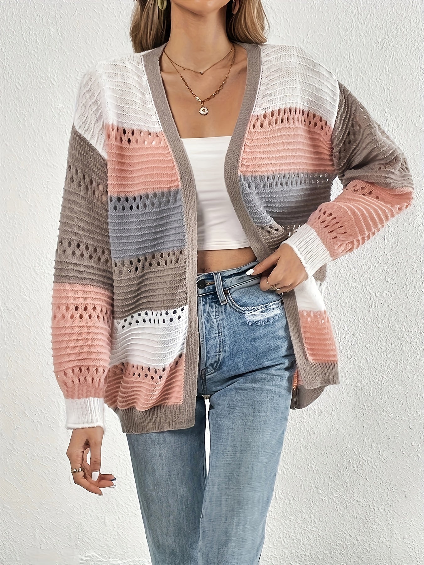 Cut Out Block Knit Cardigan Long Sleeve Sweater