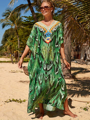 Plus Size Snake Print Boho Cover Up V Neck Beach Maxi Dress