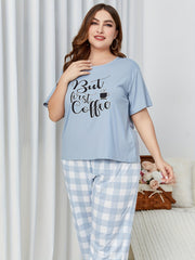 Letter Print Pajama Set - Short Sleeve Top & Gingham Print Pan