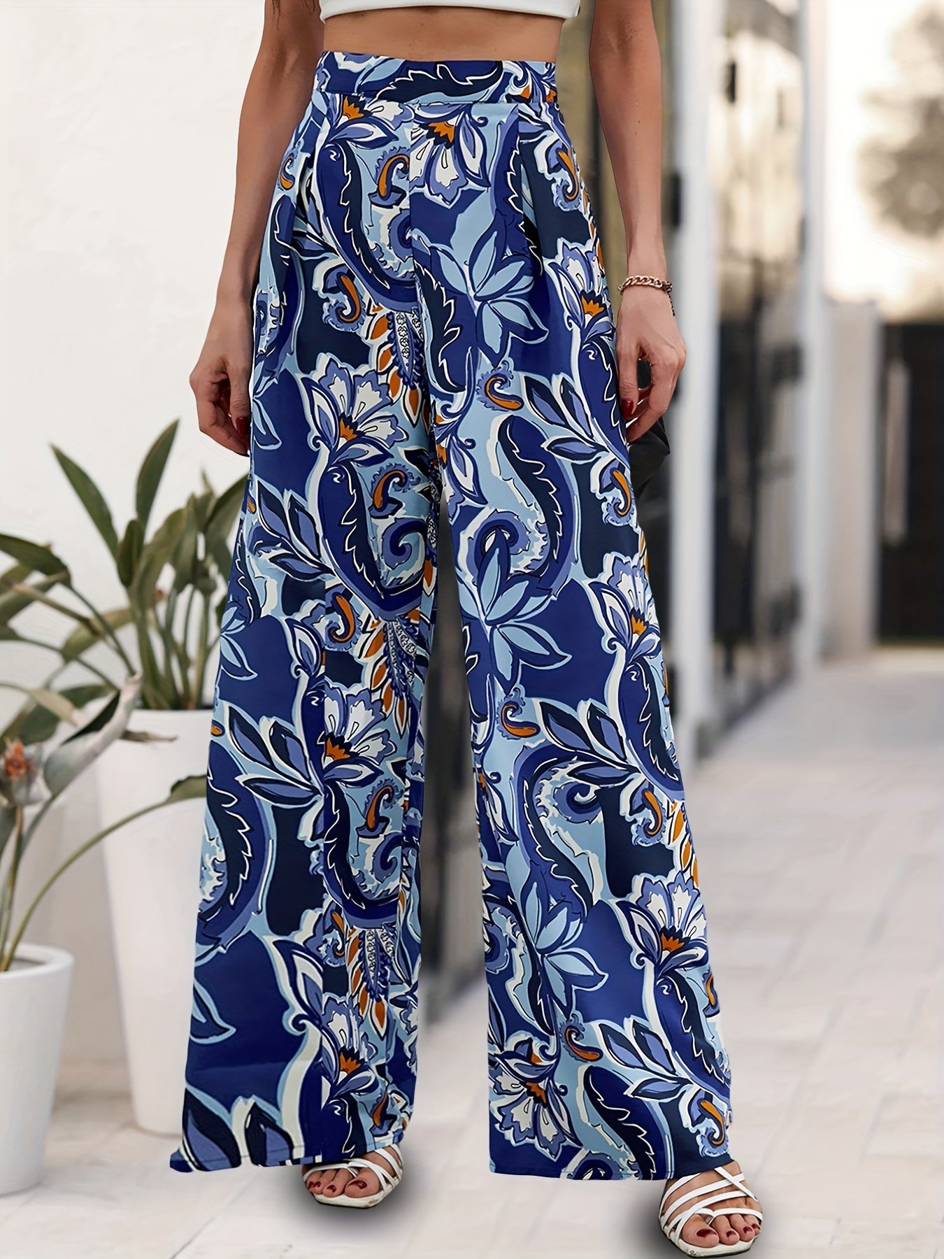 Floral Print Wide Leg Pants Vacation Elastic Waist Long Length Pants
