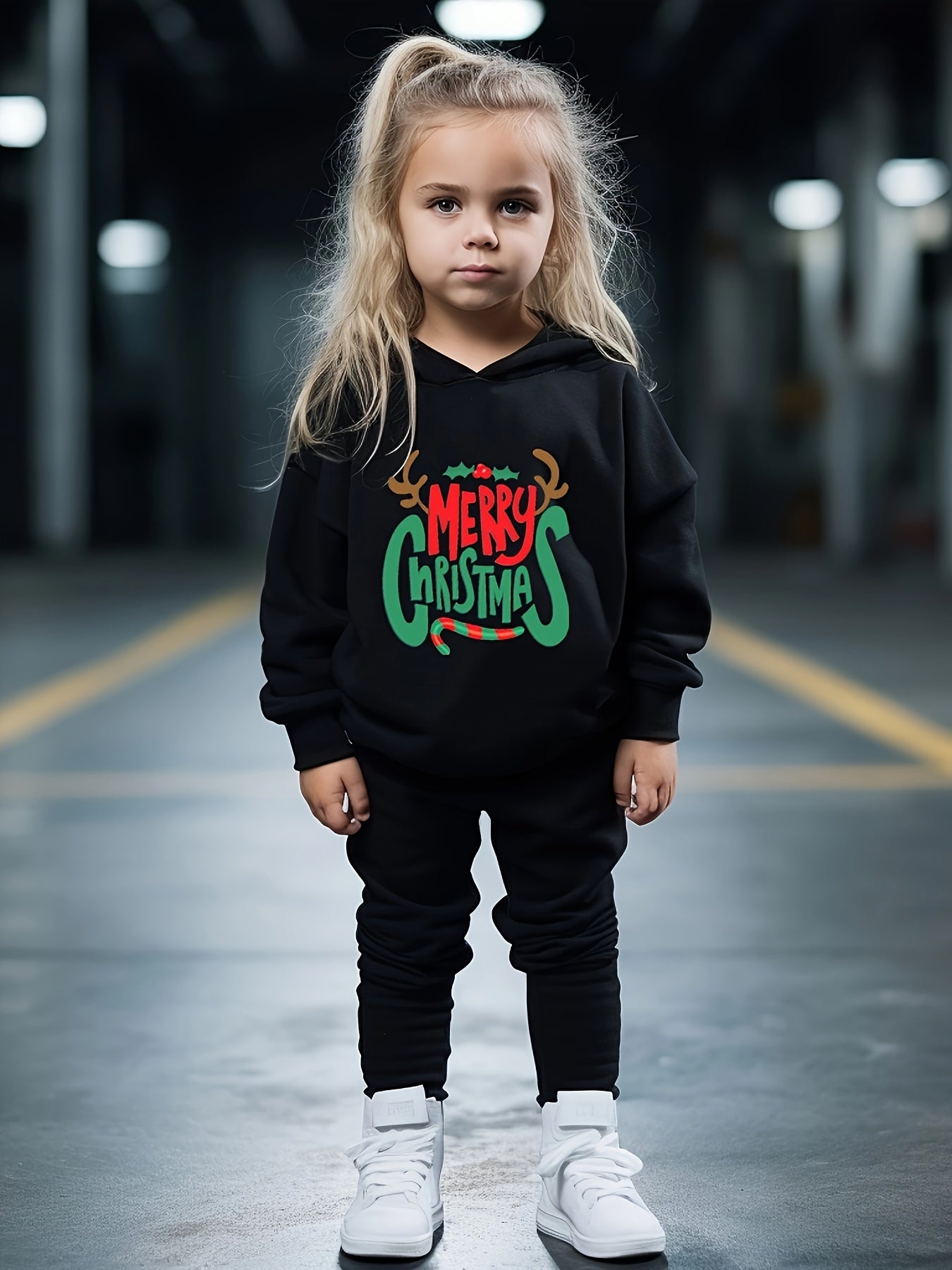 Girls 2pc Christmas Hooded Sweatshirt Pullover Solid Sweatpants Set