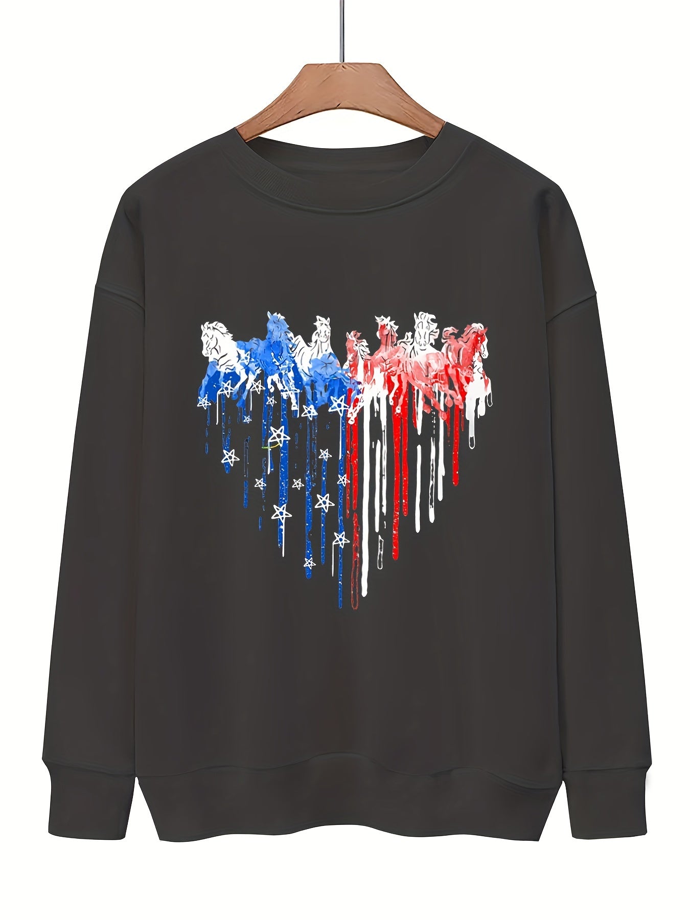 American Flag Heart Print Sweatshirt Casual Loose Comfy Sweatshirt