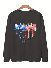 American Flag Heart Print Sweatshirt Casual Loose Comfy Sweatshirt