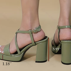 Women's Block Heel Square Open Toe Buckle Strap Pumps