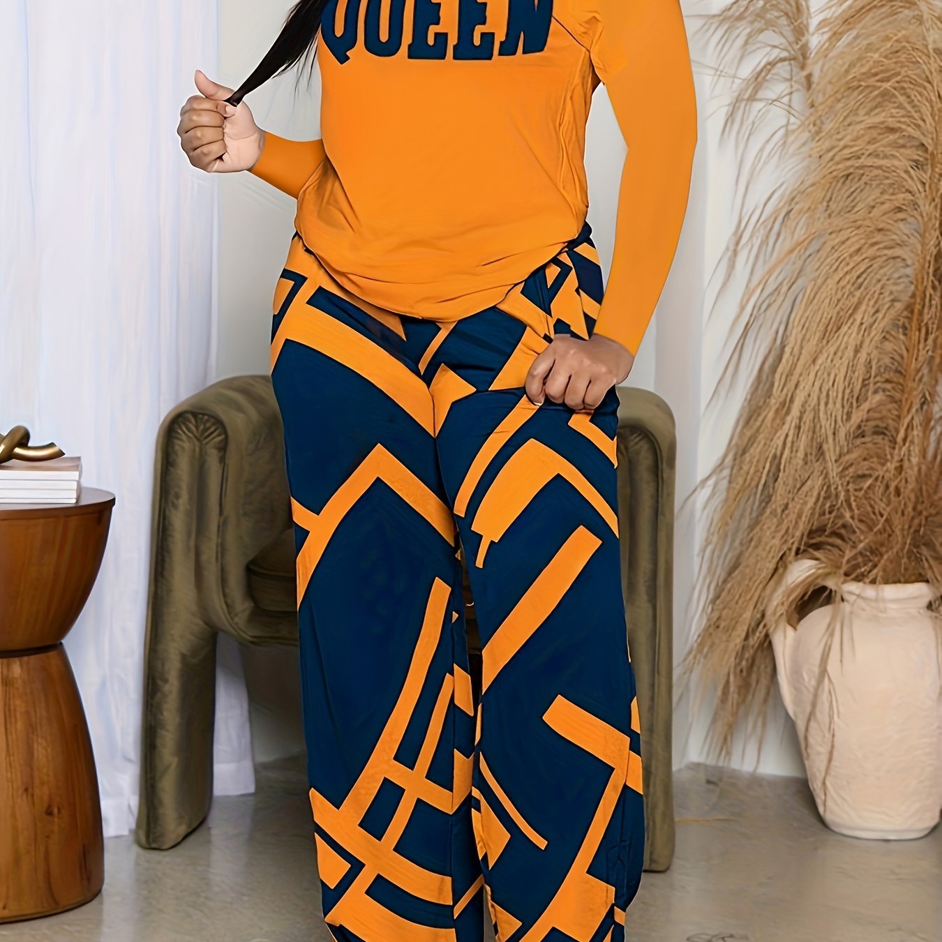 Queen Letter Print Long Sleeve Tops & Geo Print Wide Leg Pa